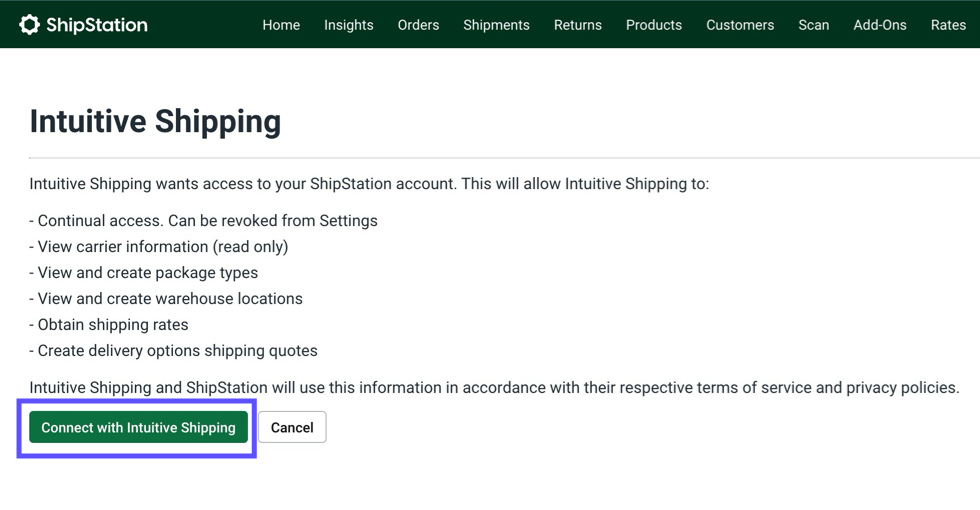 Intuitive Shipping's Consent Page popup in ShipStation