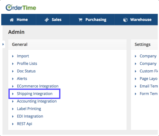 OrderTime Admin General tab with Shipping Integration highlighted.