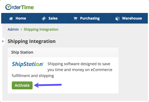 Ordertime Shipping Integration ShipStation with arrow pointing to Activate button.