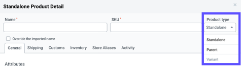 Product Type menu drop-down with Parent option selected.