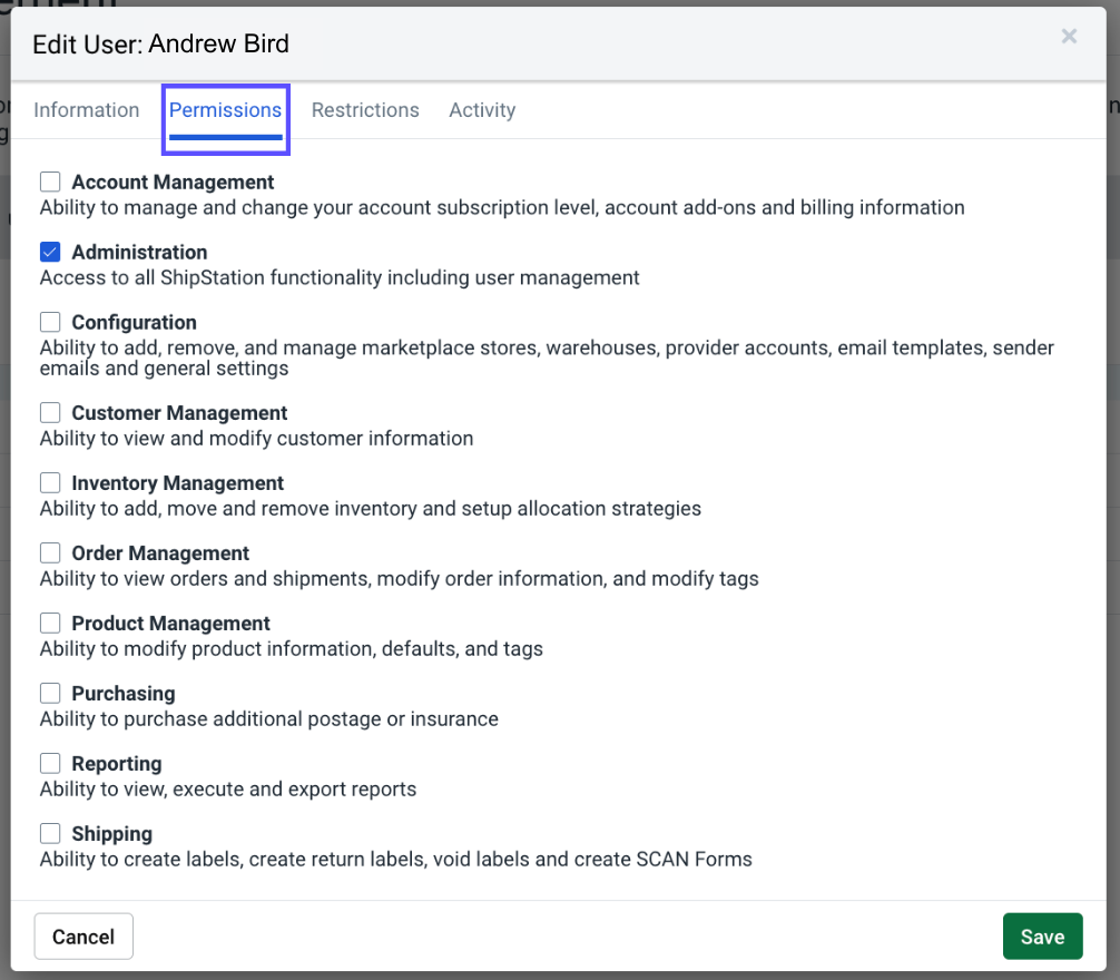 Edit User pop-up. Red box highlights Permissions tab. Checkbox list of permissions follows.