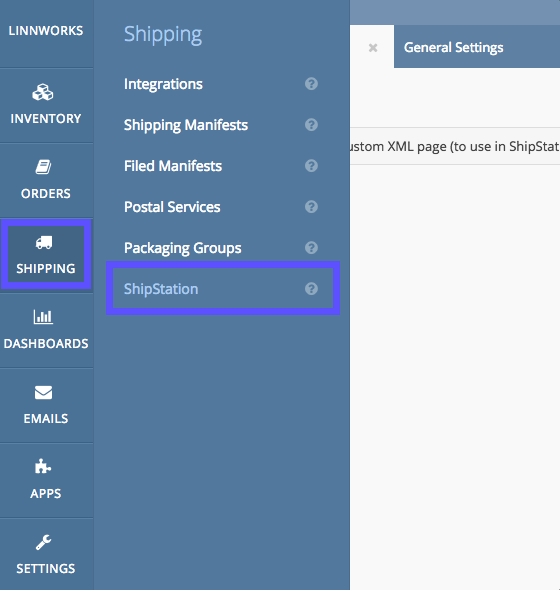 Linnworks dashboard menu with Shipping and ShipStation option highlighted.