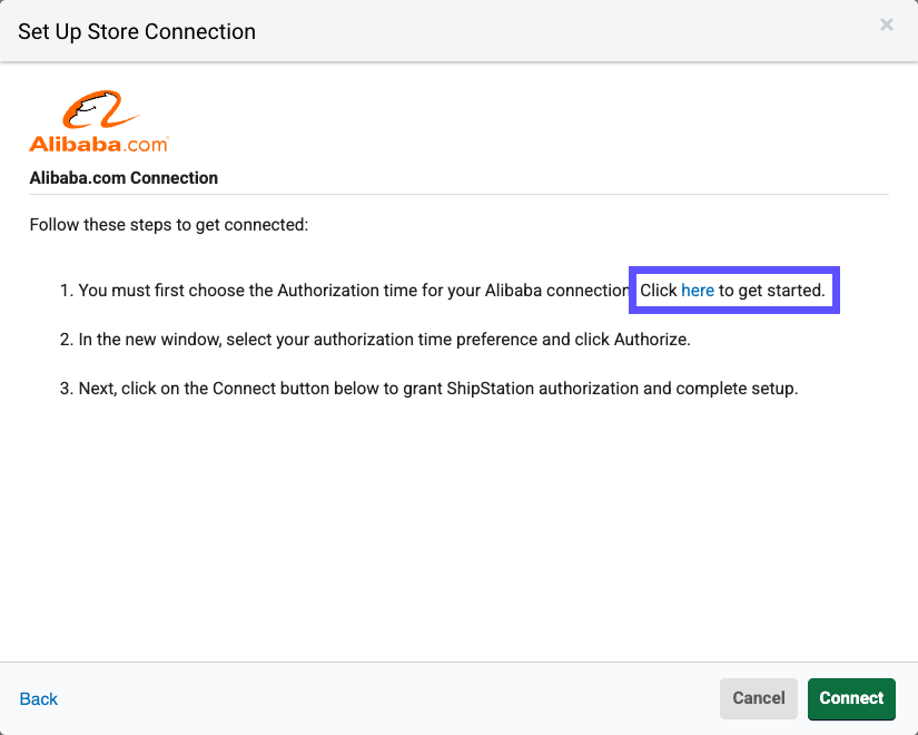 Red box highlights "Click here to get started" link in Step 1 of Alibaba connection.
