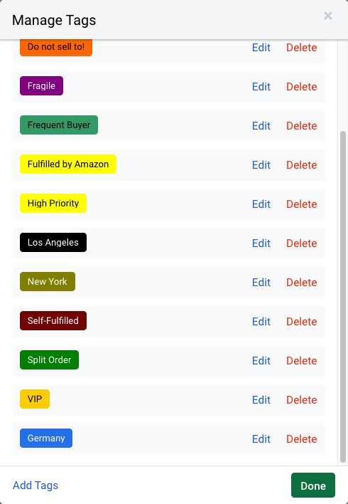 Manage Tags pop-up window includes International, Germany, and Japan order tags.
