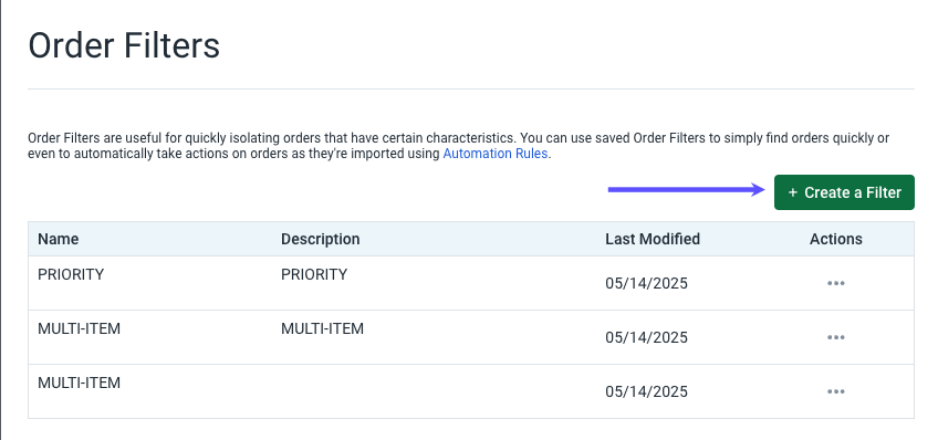 Order Filters: Arrow points to + Create a Filter button.