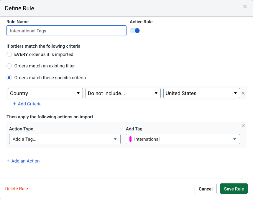 Example automation rule with "International" order tag applied to orders that are not domestic.