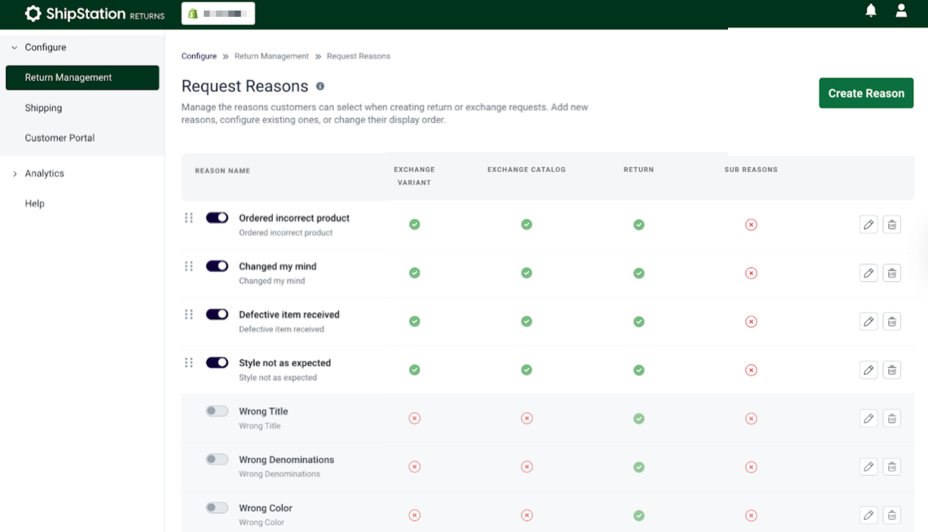 Configure RETURNS ­Management. ­Request-­Reasons page. Shows core four & custom-made return reasons