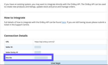 OnBuy connection details screen with Site ID highlighted