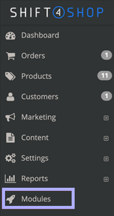 Shift4Shop sidemenu with Modules option highlighted.