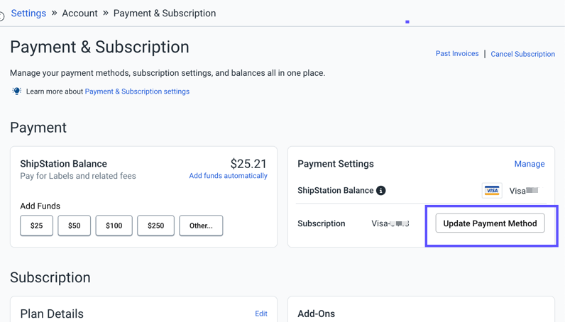 Shows the Update Payment Method button selected under Payment Settings