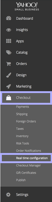 Yahoo sidemenu with Checkout and real time configuration options highlighted.