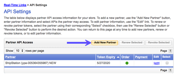 Yahoo Partner API access menu with arrow pointing to Add new partner button.