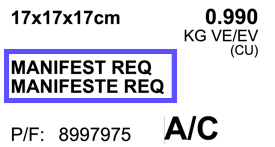 "MANIFEST REQ" designation highlighted on sample Canada Post label.