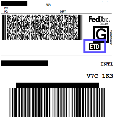 FedEx Ground Label highlighting "ETD" designation for Electronic Trade Document submission.