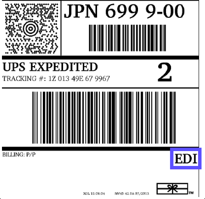 UPS label sample with "EDI" designation highlighted by red box in lower right corner.