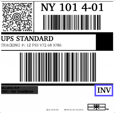 UPS sample label with "INV" designation highlighted by red box.