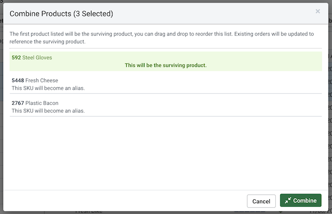 V3 Combine Product Aliases menu.
