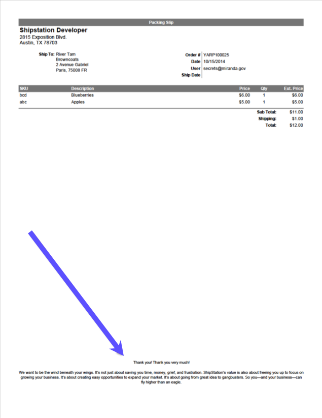 Sample packing slip with red arrow pointing to footer text printed at the bottom of the page.