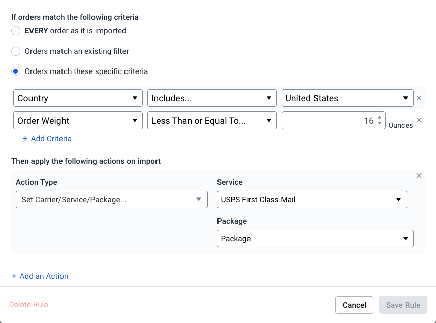 Criteria 1: country = United States. 2: Total Weight = Less Than 16oz.