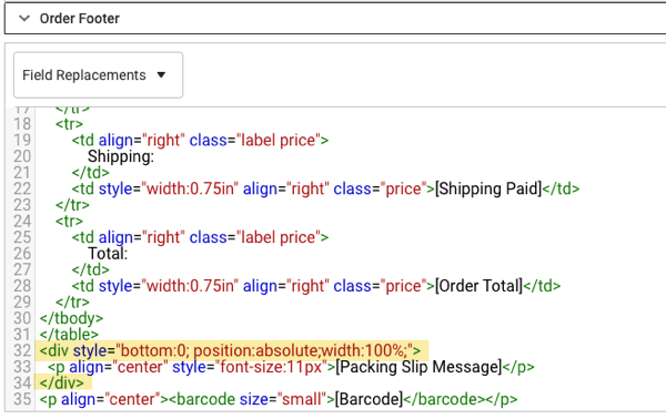 Packing Slip HTML: the div position and HTML in the Order Footer section is highlighted