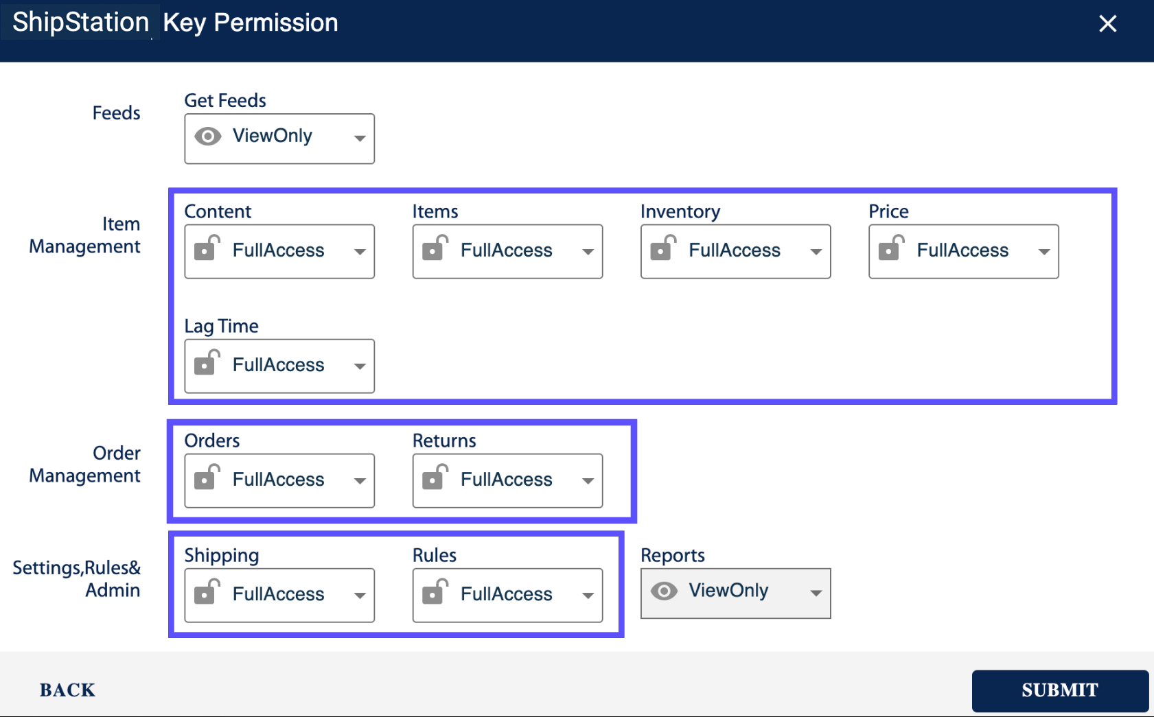 ShipStation Key Permissions module with sections Item Management, Order Management, and Settings, Rules, & Admin marked.