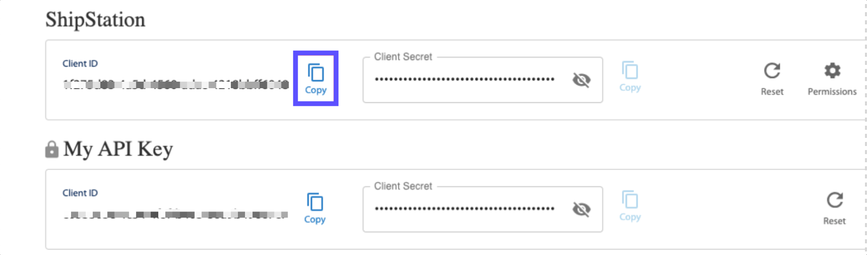 The ShipStation Client ID copy icon is marked.