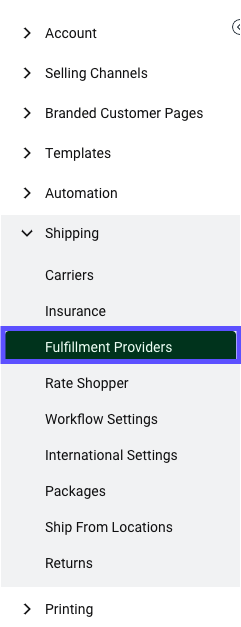 Settings sidebar with Shipping section open and Fulfillment Providers section highlighted.