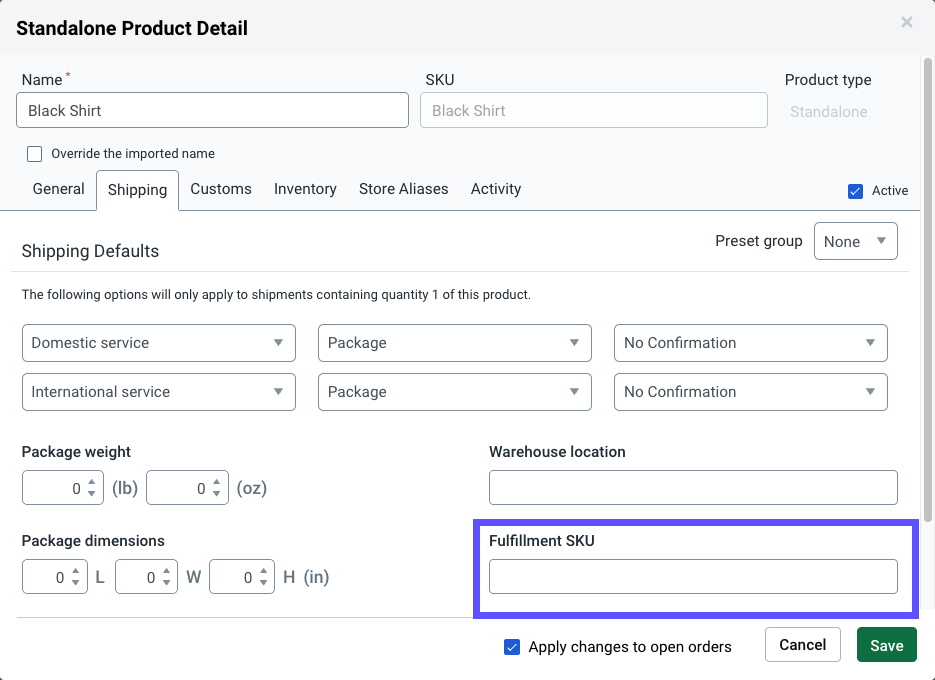 Standalone product details window with the Fulfillment SKU field highlighted