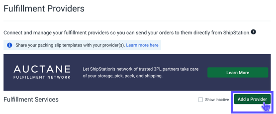Fulfillment Provider Settings page with the Add a Provider Account button selected