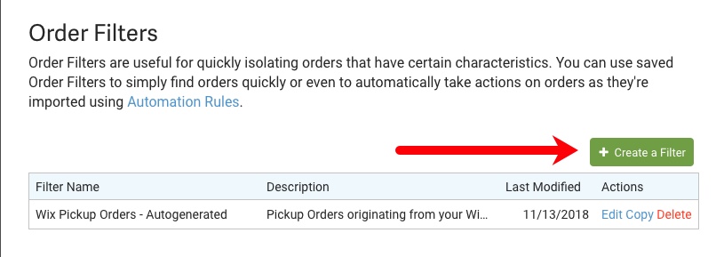 Order Filters: Red arrow points to + Create a Filter button.