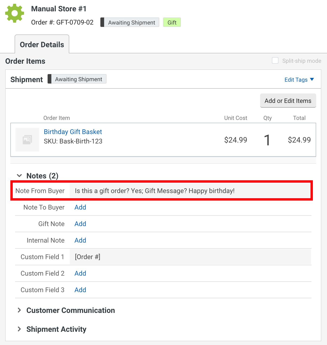 Order sidebar. Red box highlights the Note from Buyer field and text entry.