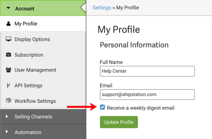 Settings: Account tab, My Profile. Red arrow points to checkbox to Receive a weekly digest email