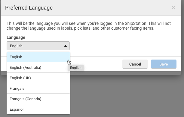 Menú desplegable de idiomas que muestra las opciones de idiomas disponibles
