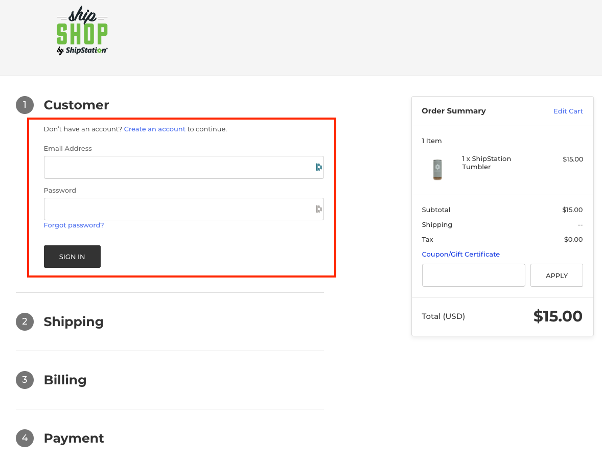 Imagen de la página de pago de ShipShop con la opción "Iniciar sesión o registrarse" del cliente resaltada.