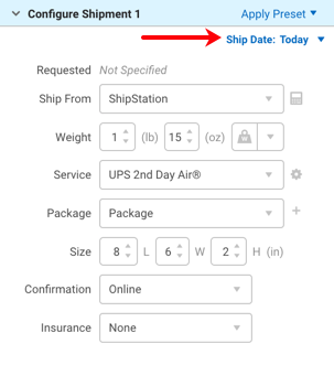 Widget para configurar envíos, con la flecha roja apuntando a la fecha de envío