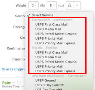 El cuadro rojo destaca las opciones de servicio de Stamps.com y Endicia