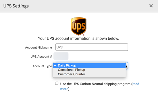 Ventana emergente de configuración de UPS. Tipo de cuenta desplegable con la opción Recolección diaria seleccionada.