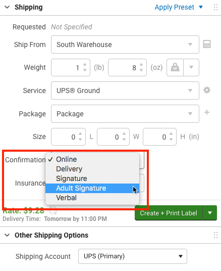 V3 shipping sidebar with Confirmation drop-down options highlighted, adult signature selected.