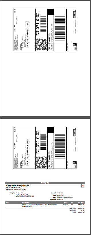 Diseño de impresión de etiquetas con etiquetas impresas en la parte superior de la página y talón de empaque en la parte inferior de la página.