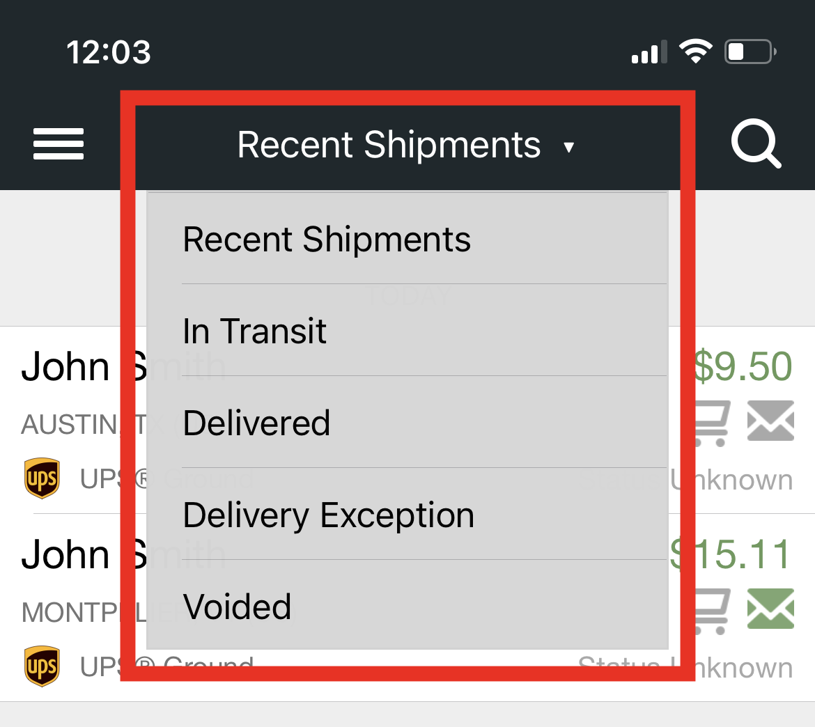 Mobile shipment status drop-down