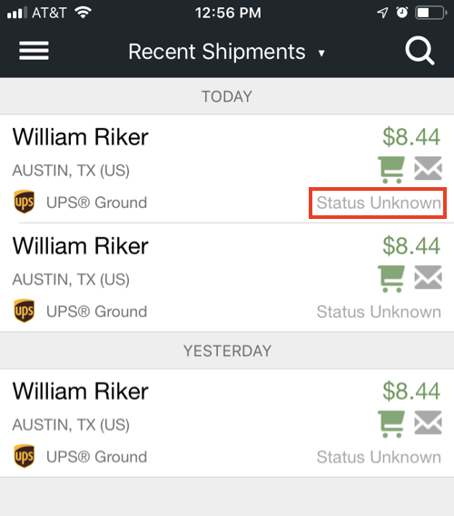Mobile shipment details with shipment status marked