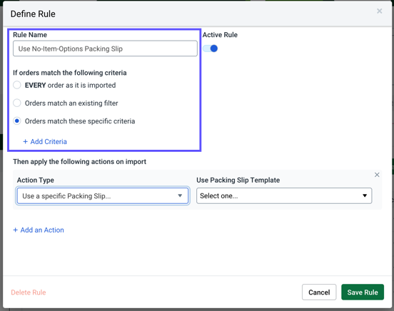 AUTOMATION. Define-Rule pop-up. Shows the Rule Name field and Criteria options