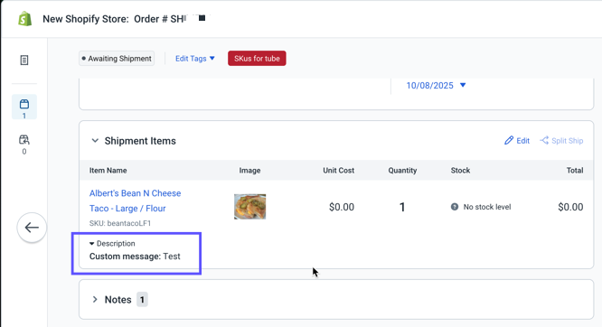 Shipment Details. A box shows where the order's Item Options appear under the Description