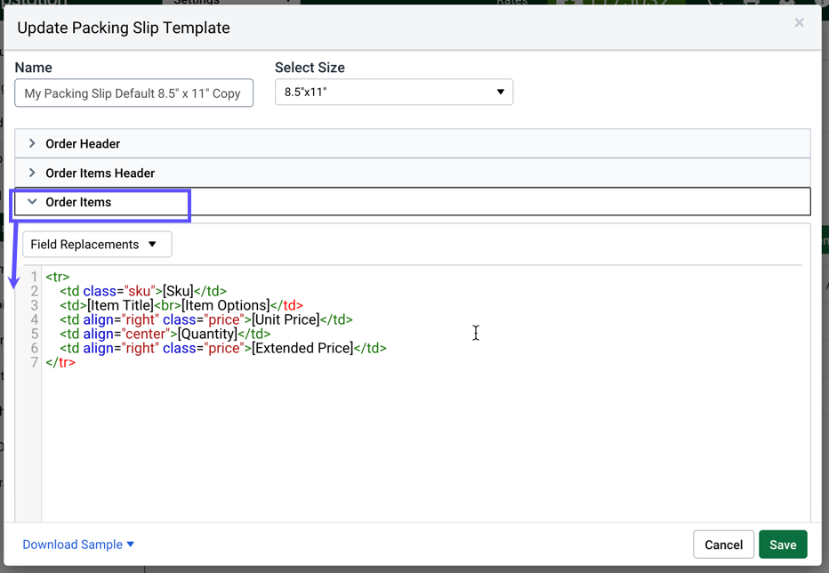 Order Items header is shown open to reveal code.