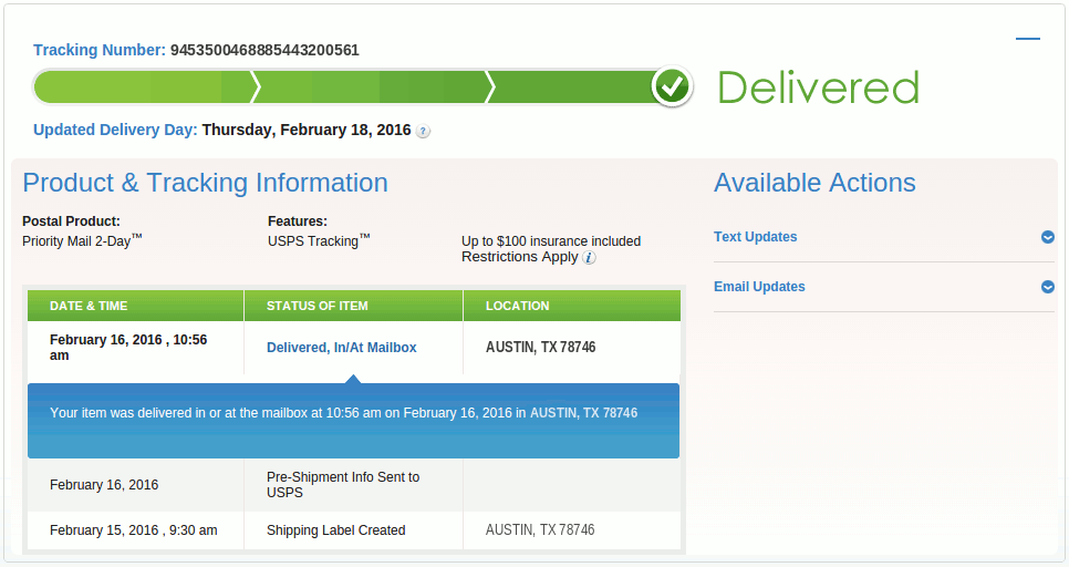 USPS Tracking Number