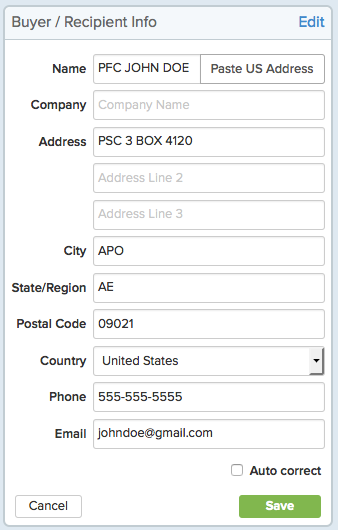 Buyer-Recipient info for APO addresses: City = APO, State = AE, Country = United States