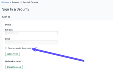 Purple arrow points to checkbox to Receive a weekly digest email