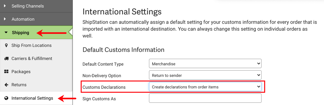 Arrows point to Shipping tab & international Settings in Settings sidebar. Red box highlights Customs Declarations field.