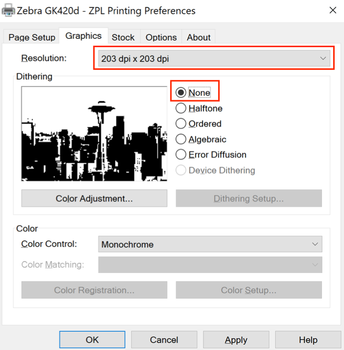 Zebra printer preference Graphics tab with resolution set to 203 dpi and dithering set to None.