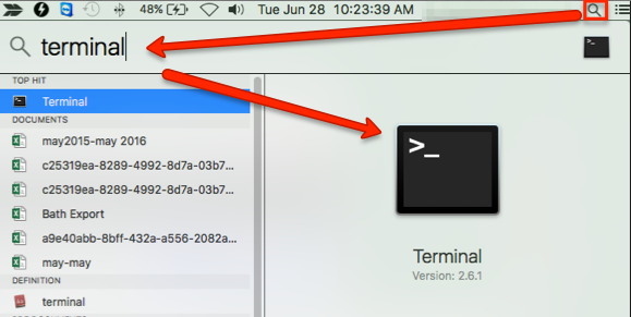 Icono de búsqueda del escritorio de Mac resaltado con "terminal" escrito en la barra de búsqueda. Aplicación Terminal resaltada en los resultados de búsqueda.